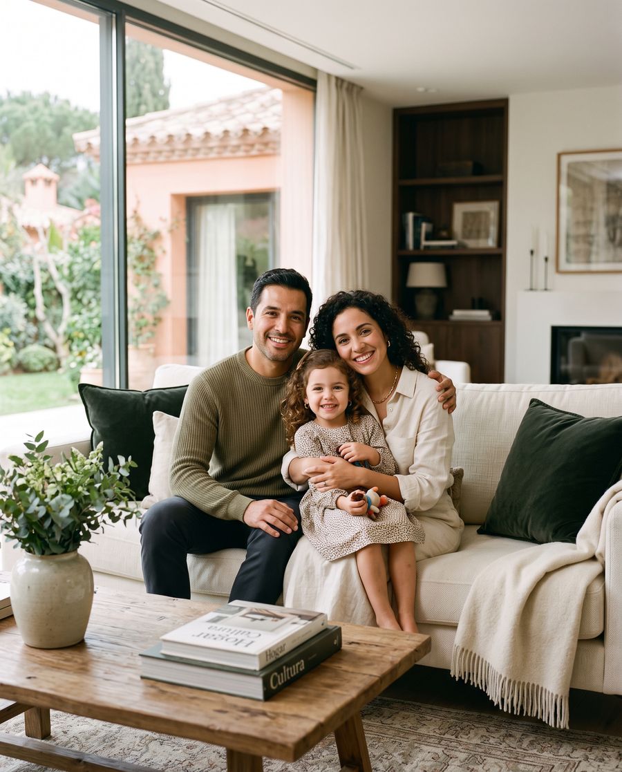 Familia sonriendo en el salón de su casa, con seguros de salud y hogar gestionados por Mejora Tu Póliza